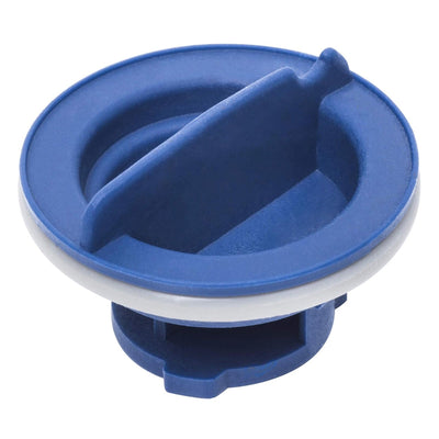 Blue dishwasher rinse aid dispenser cap for Whirlpool and KitchenAid dishwashers.