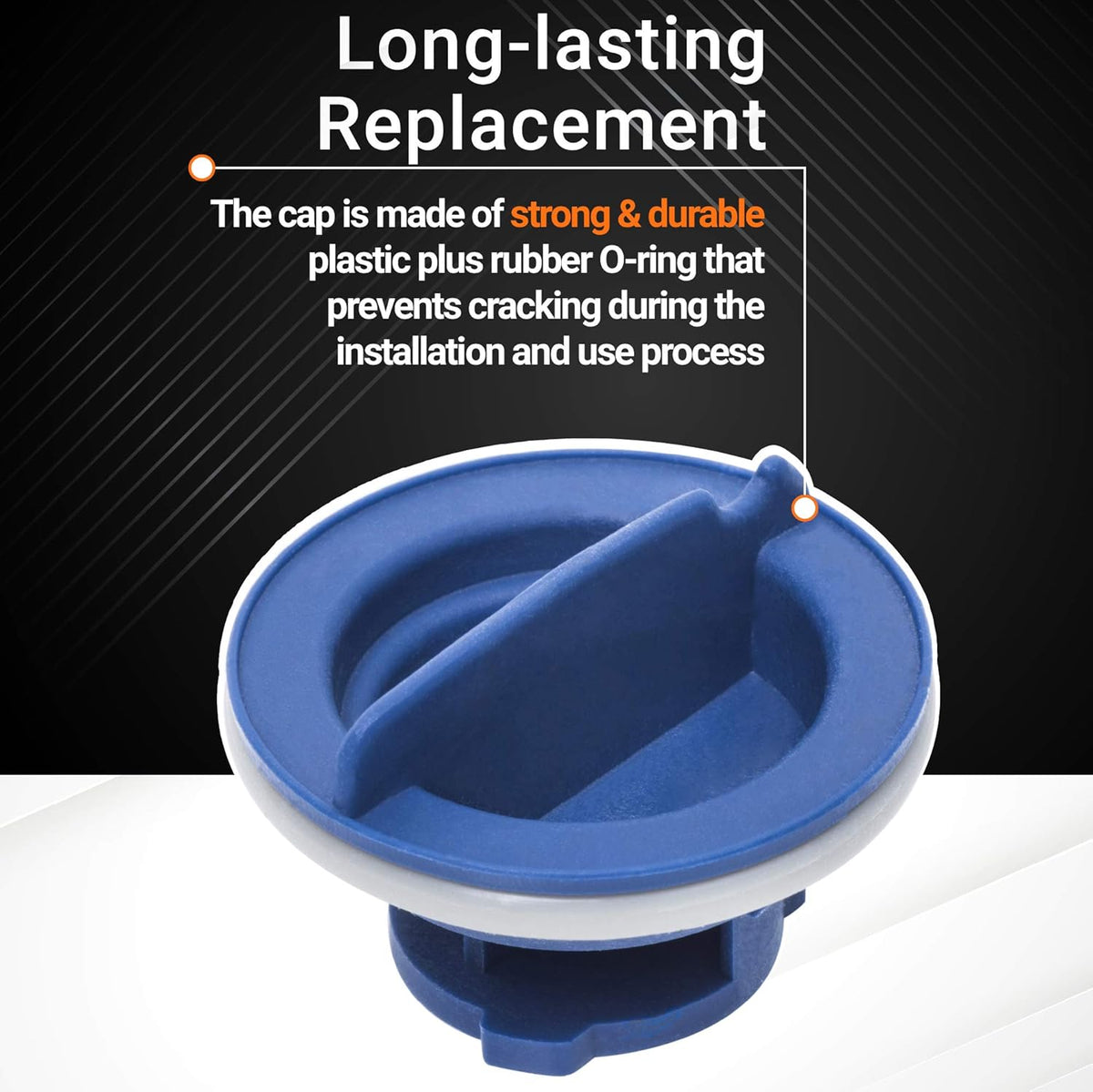 Close-up of blue WPW10077881 dishwasher detergent dispenser cap with durable rubber O-ring seal.