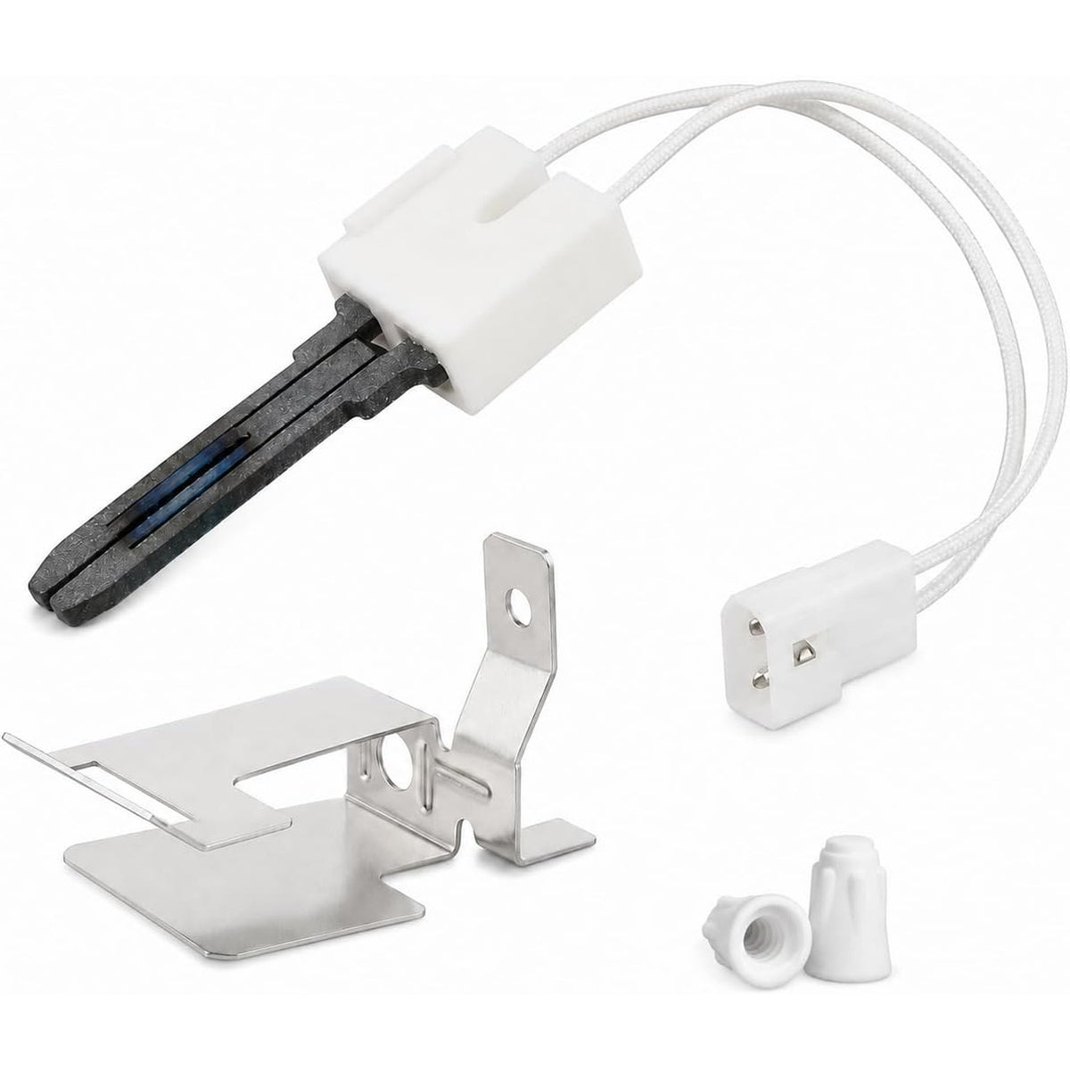 D510184P 369P3 Clothes Dryer Igniter with wiring, connectors, mounting brackets, and ceramic hardware