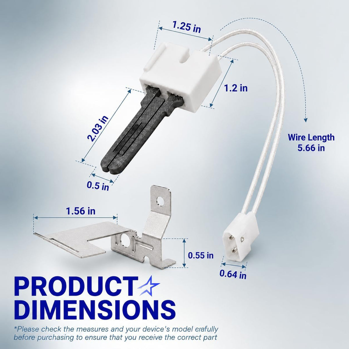 D510184P 369P3 Clothes Dryer Igniter dimensions diagram with bracket, connector, wire, and measurements