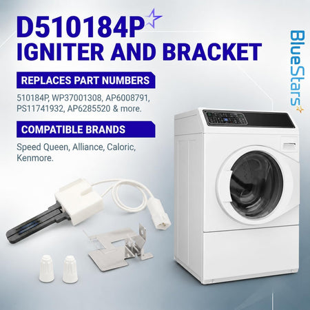 D510184P 369P3 Clothes Dryer Igniter and bracket shown beside a dryer with replacement part numbers and brand text