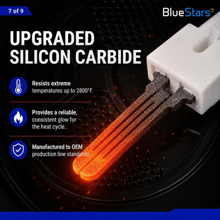 D510184P 369P3 Clothes Dryer Igniter, close-up of glowing flat ceramic element with upgraded silicon carbide text