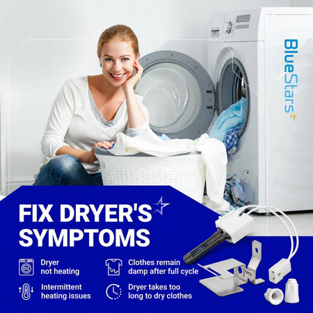 D510184P 369P3 Clothes Dryer Igniter, symptom graphic showing a dryer and listed drying problems
