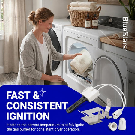 D510184P 369P3 Clothes Dryer Igniter promotional graphic showing igniter parts beside an open gas dryer