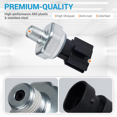 PS417 25070-CD00A oil pressure sensor switch with close-up views of the threaded metal port and electrical connector.
