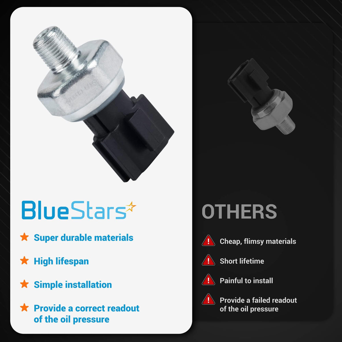 Comparison graphic showing PS417 25070-CD00A oil pressure sensor switch features versus generic alternatives.