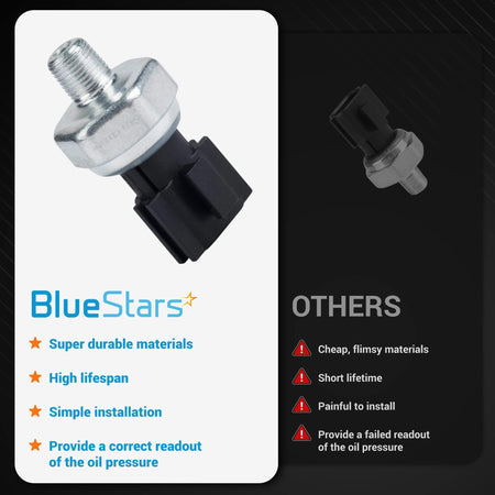 Comparison graphic showing PS417 25070-CD00A oil pressure sensor switch features versus generic alternatives.
