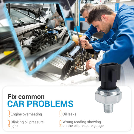 PS417 25070-CD00A oil pressure sensor switch shown with car repair graphic and common engine problem list.