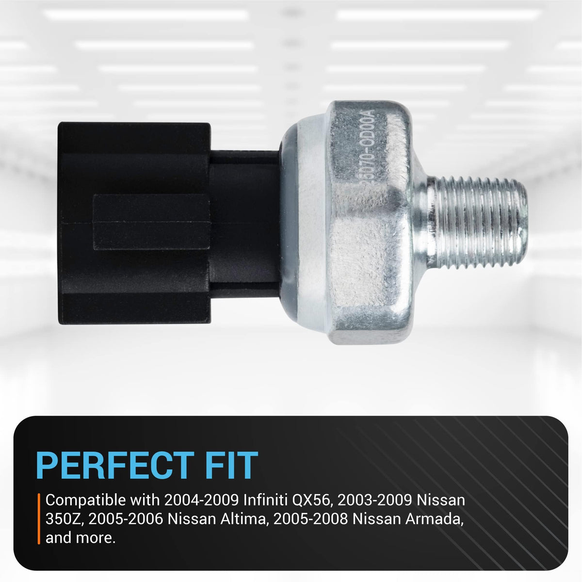 Side view of PS417 oil pressure sensor switch with 25070-CD00A part number stamped on the metal housing.