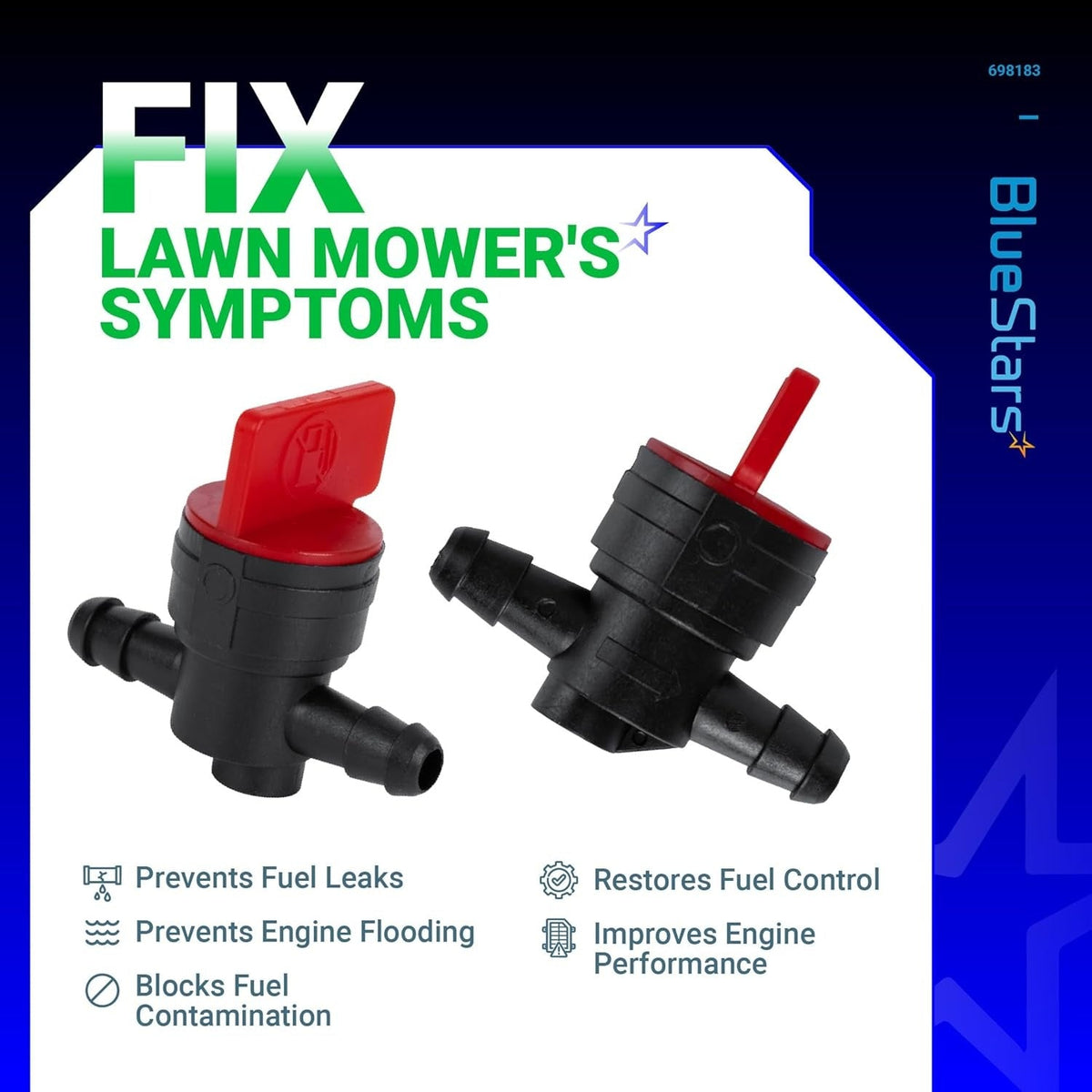 Two 1/4 inch inline fuel shut off valves for lawn mowers with red handles and performance benefit text overlay.
