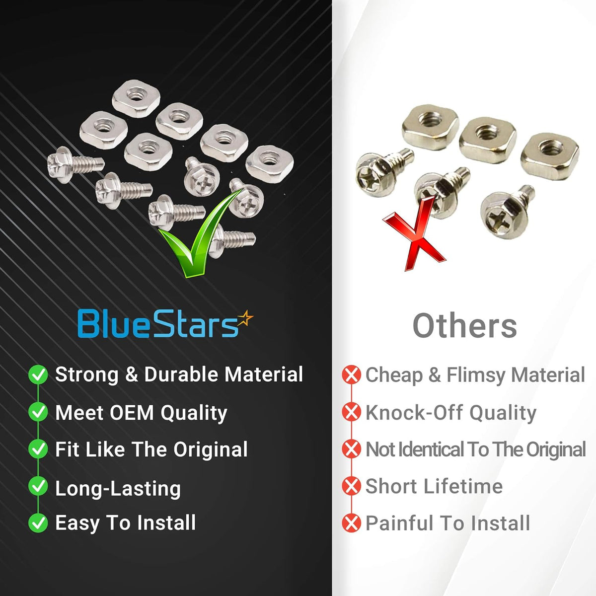 Comparison chart showing BlueStars 279393 dryer terminal block screw kit quality versus generic alternatives.