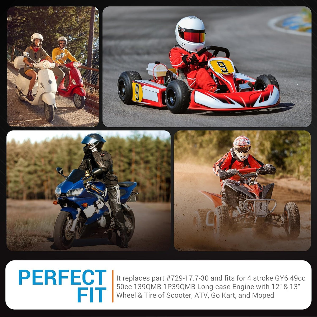 Collage showing a scooter, go-kart, motorcycle, and ATV with compatibility text for 669-18-30 racing CVT drive belt.
