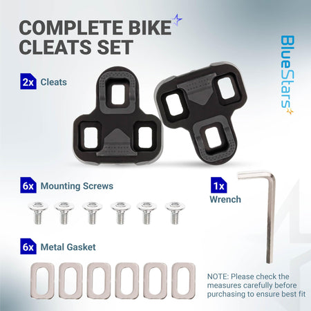 Complete set of 2 Look KEO compatible bike cleats with 6 mounting screws, 6 metal gaskets, and 1 installation wrench.