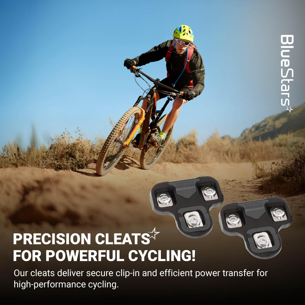 Two 0-degree float bike cleats compatible with Look KEO pedals displayed over a mountain biking lifestyle background.