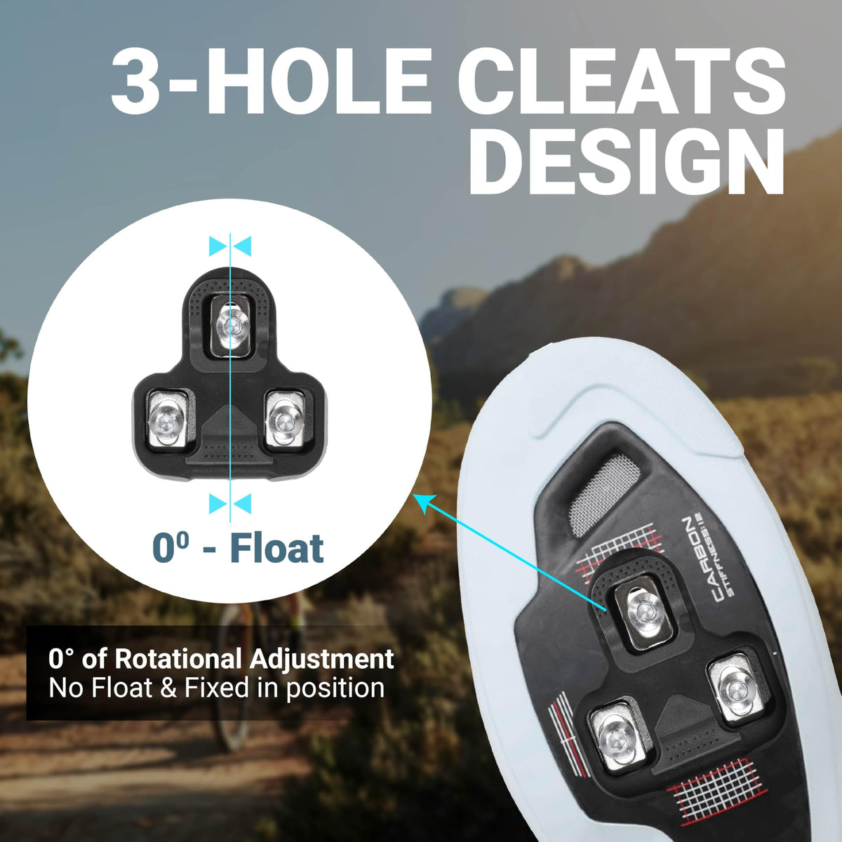 Close-up of 3-hole bike cleat design with 0-degree fixed float installed on a cycling shoe sole.