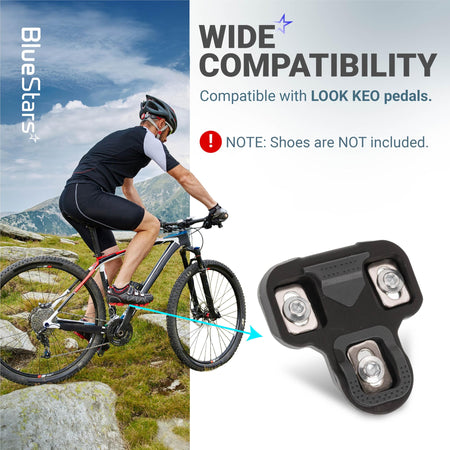 Infographic showing 0-degree float bike cleat compatible with Look KEO pedals for cycling shoes.
