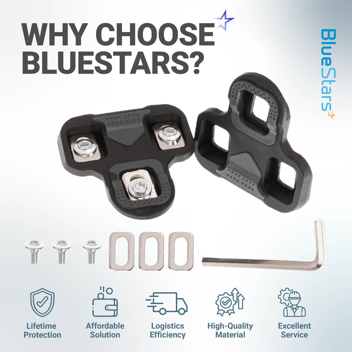 Two 0-degree float bike cleats compatible with Look KEO pedals, including mounting screws, washers, and an Allen wrench.
