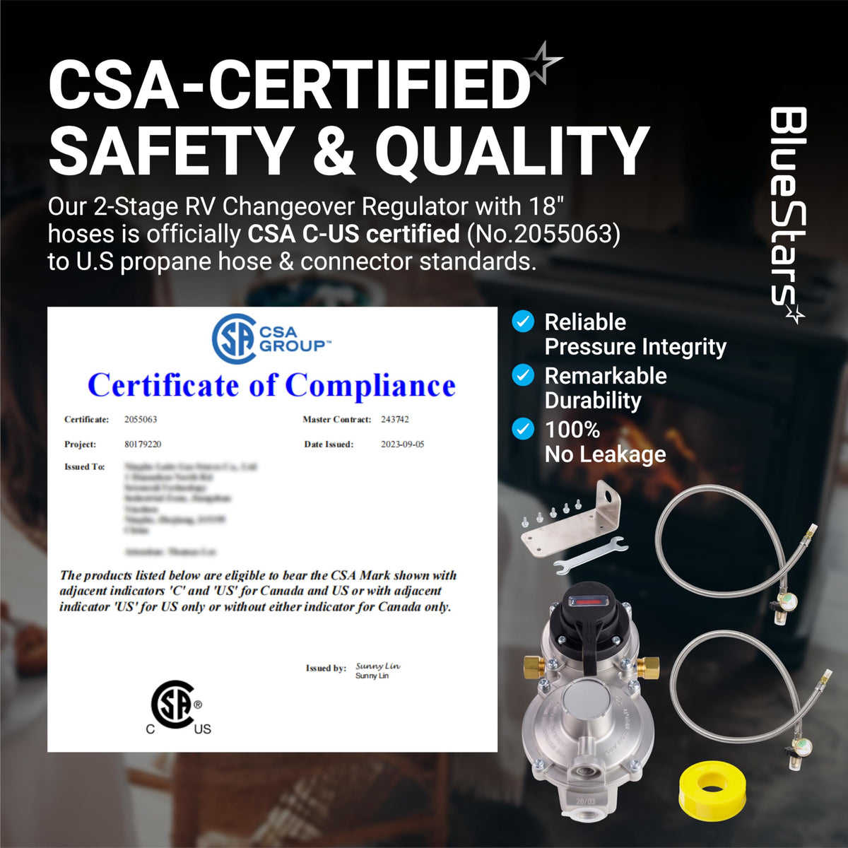 CSA-certified 2-stage RV propane changeover regulator kit with 18-inch hoses and compliance certificate.