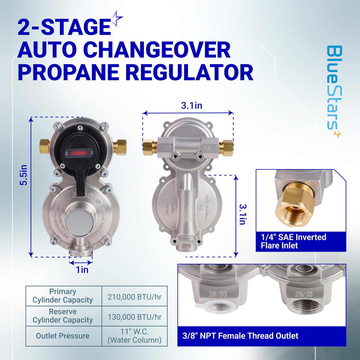 2-Stage auto changeover propane regulator with dimensions, 1/4 inch SAE inverted flare inlet, and 3/8 inch NPT outlet.