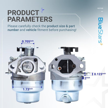 GCV160 carburetor dimension diagram showing front and side views with measurements in inches.