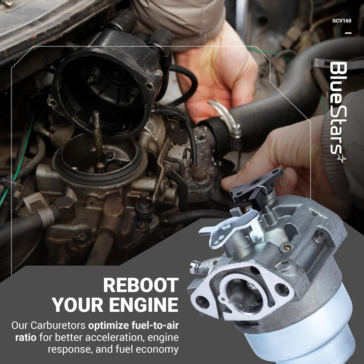 Replacement carburetor for GCV160 engine shown with installation context and performance text.