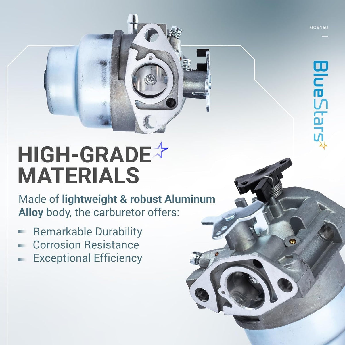 Two views of a GCV160 aluminum alloy carburetor showing intake and throttle linkage details.