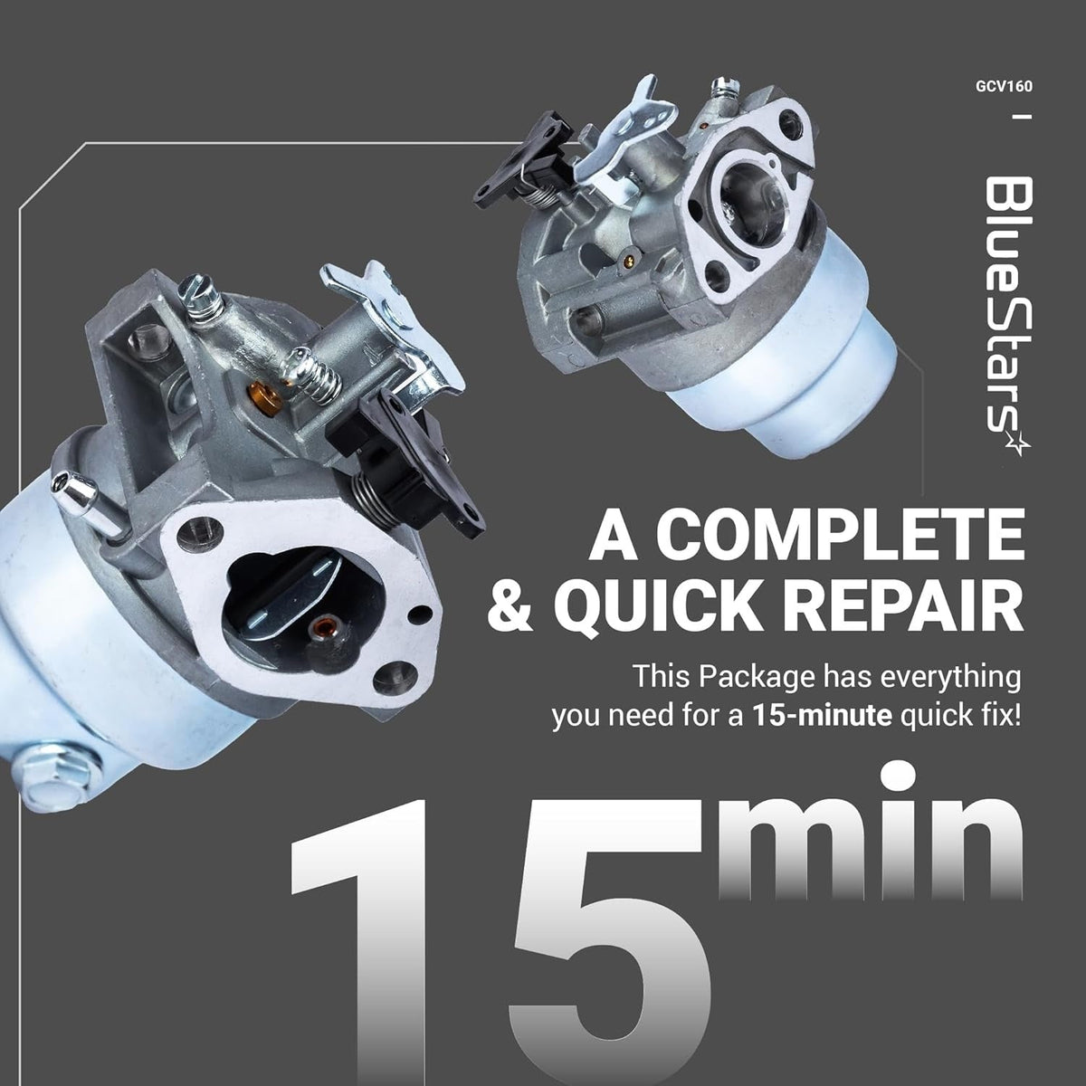 Two GCV160 carburetor units shown from different angles for engine repair.