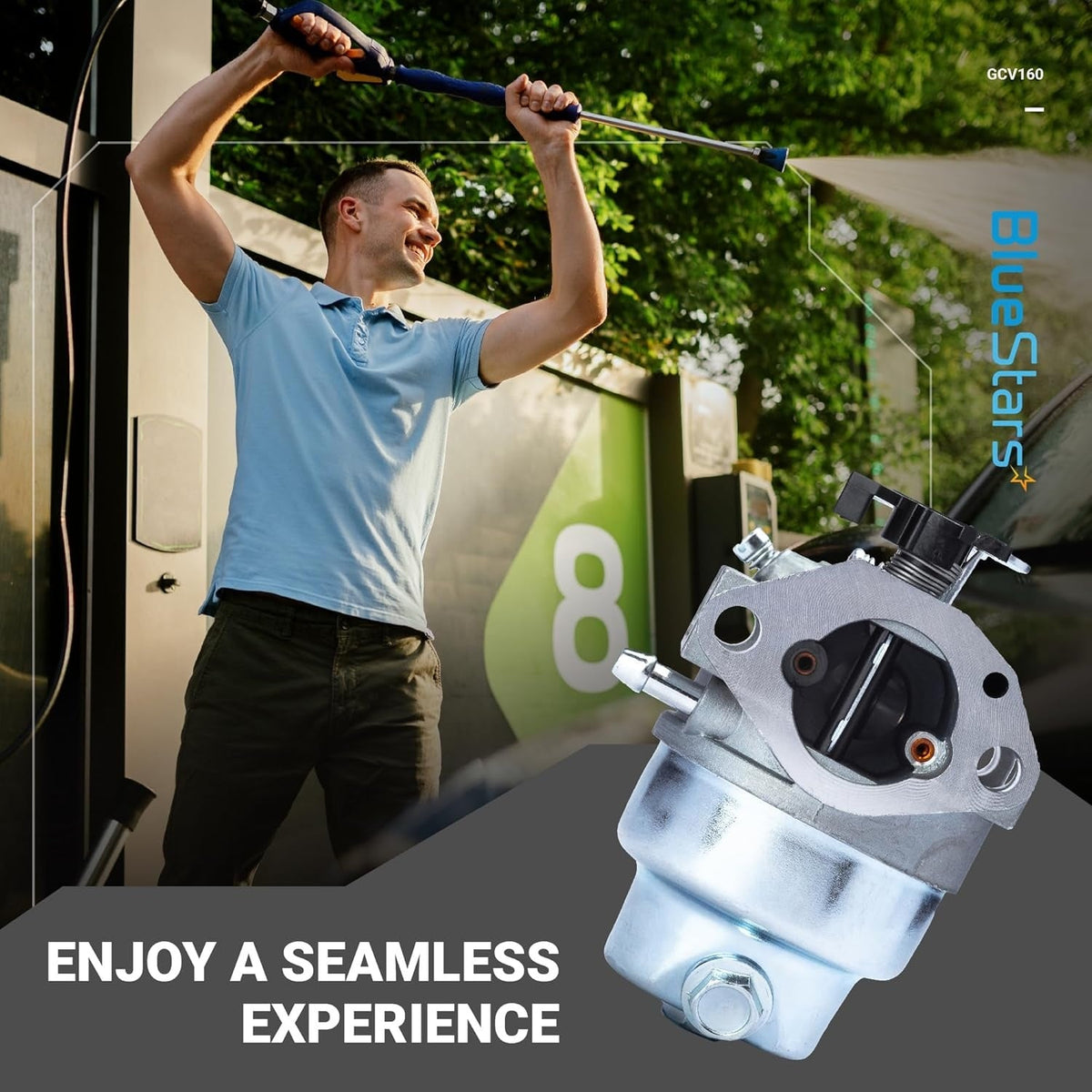 Replacement carburetor for GCV160 engine shown in a lifestyle marketing graphic.