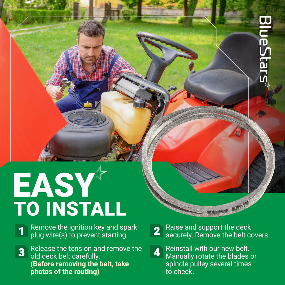 Instructional graphic showing 954-05022A mower deck belt installation steps on a riding lawn mower.
