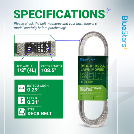 Specification chart for 954-05022A mower deck belt showing dimensions, material details, and size markings.