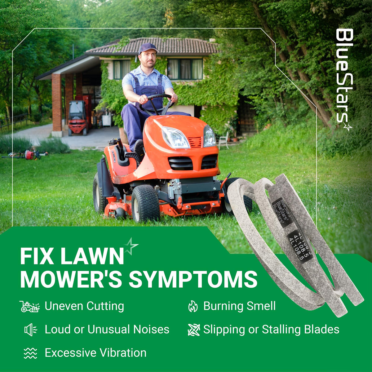 954-05022A replacement mower deck belt for 46-inch lawn tractors shown with troubleshooting guide.