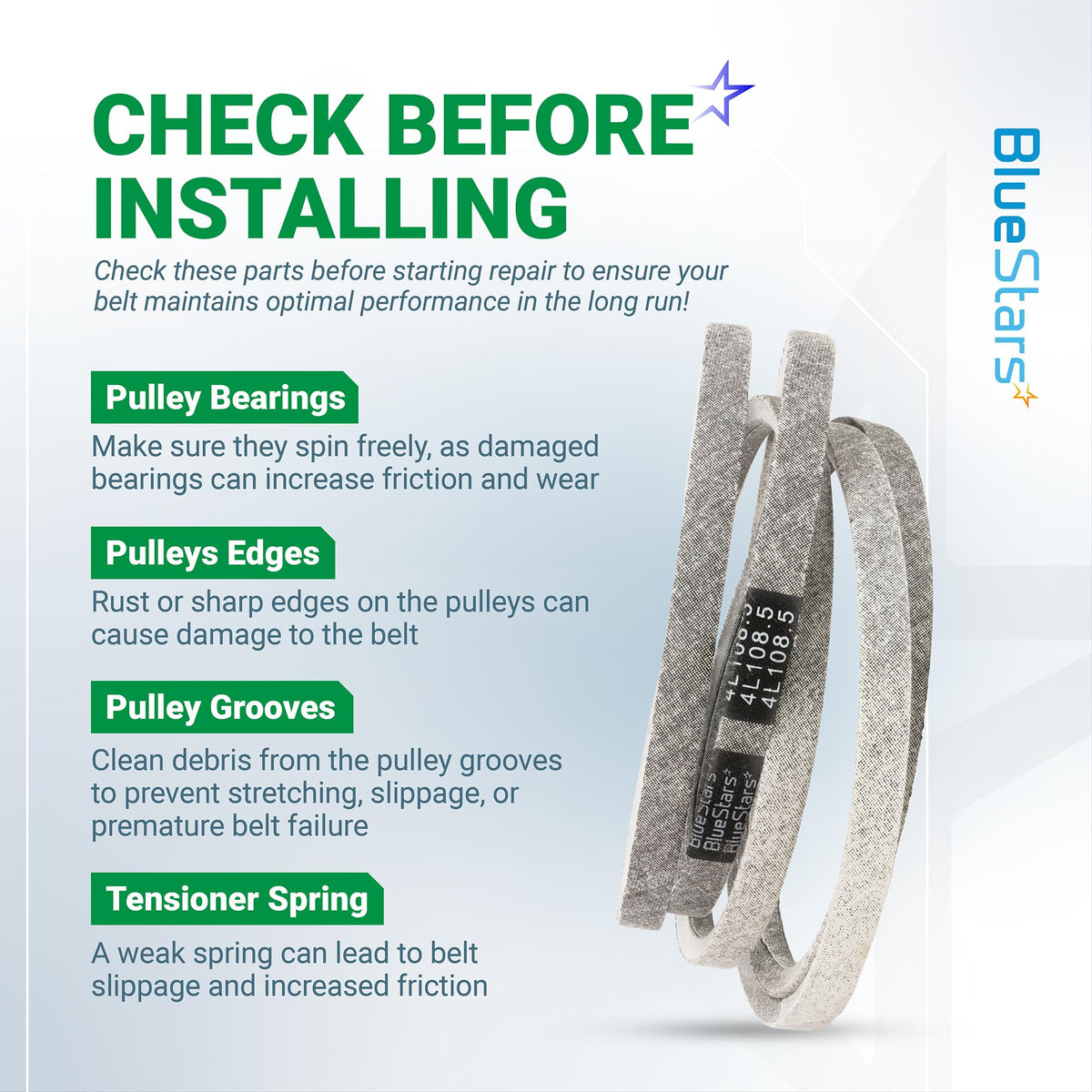 Informational graphic for 954-05022A mower deck belt installation tips and pulley maintenance checklist.
