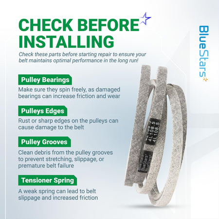 Informational graphic for 954-05022A mower deck belt installation tips and pulley maintenance checklist.