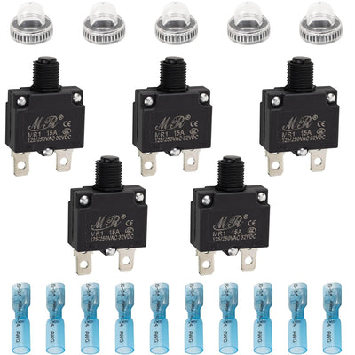 Five-pack of 15A thermal circuit breakers with protective caps and blue wire connectors.