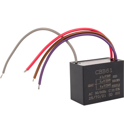 CBB61 4.5uf+5uf+6uf 4-wire ceiling fan capacitor with gray, red, brown, and purple lead wires.