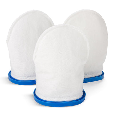 Three P30X022XF multilayer replacement filter bags for Pool Blaster handheld vacuums with blue plastic collars.