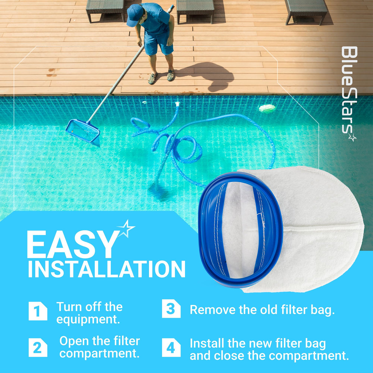 P30X022XF multilayer pool vacuum filter bag with installation instructions for handheld pool cleaners.