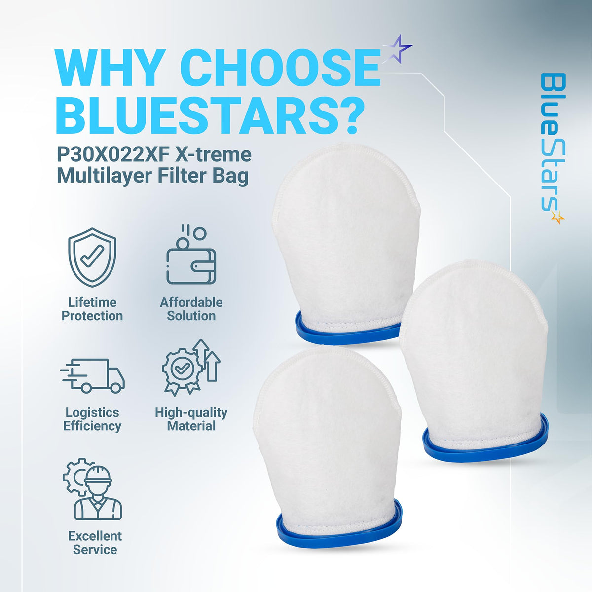 Three P30X022XF multilayer pool vacuum filter bags with blue plastic collars on an informational product graphic.