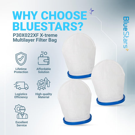 Three P30X022XF multilayer pool vacuum filter bags with blue plastic collars on an informational product graphic.