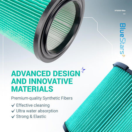Close-up of VF6000 5-layer HEPA replacement filter for Ridgid wet dry vacuums showing synthetic fiber material design.