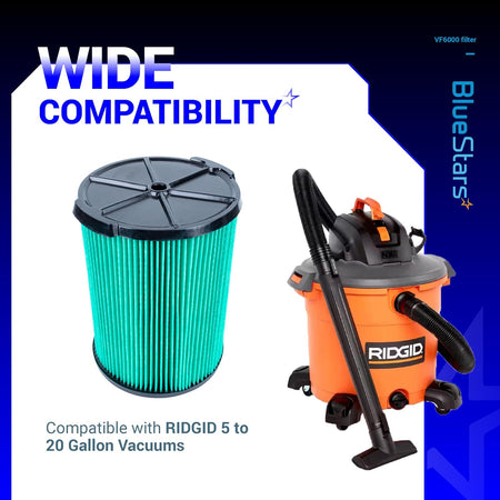 VF6000 5-layer HEPA replacement filter shown with a compatible Ridgid 5-20 gallon wet dry vacuum.