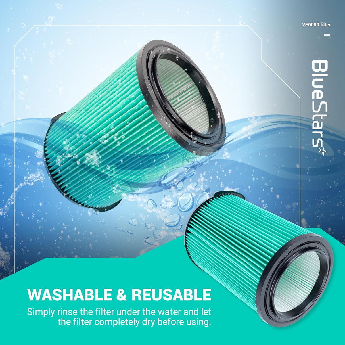 Two VF6000 5-layer HEPA replacement filters for Ridgid wet dry vacuums shown with water background for washability.