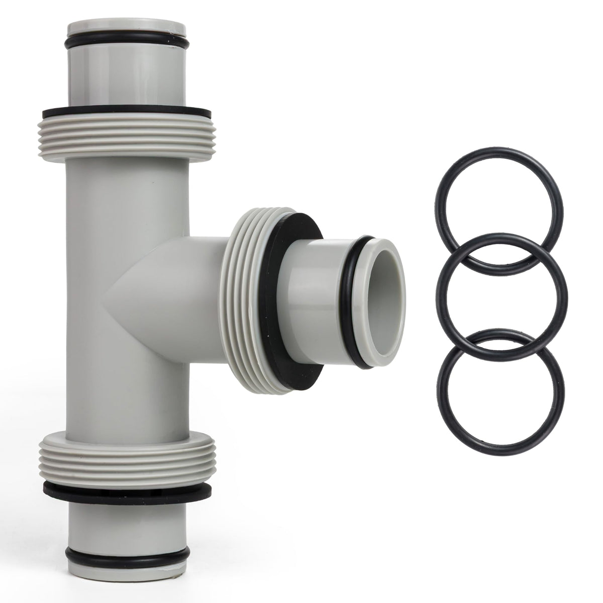 1.5-inch T-joint pool hose connector with three black rubber O-rings for above ground swimming pool filter systems.