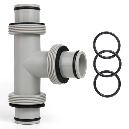 1.5-inch T-joint pool hose connector with three black rubber O-rings for above ground swimming pool filter systems.