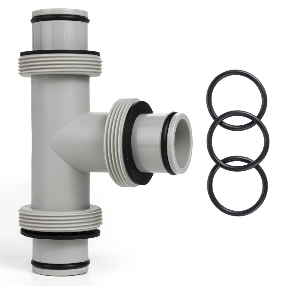 1.5-inch T-joint pool hose connector with three black rubber O-rings for above ground swimming pool filter systems.