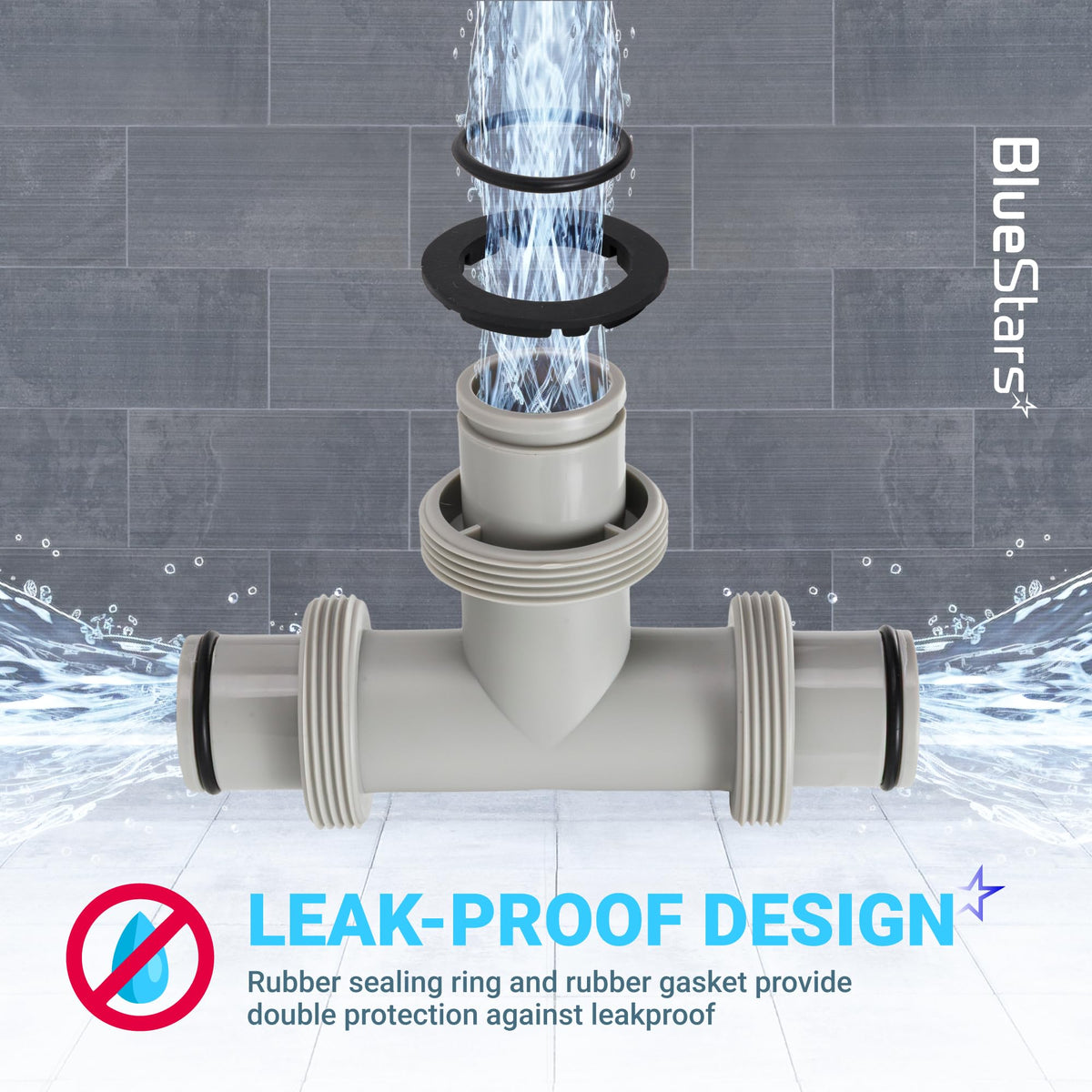 1.5-inch T-joint pool hose connector with rubber O-rings and gaskets for leak-proof filter pump hose connection.