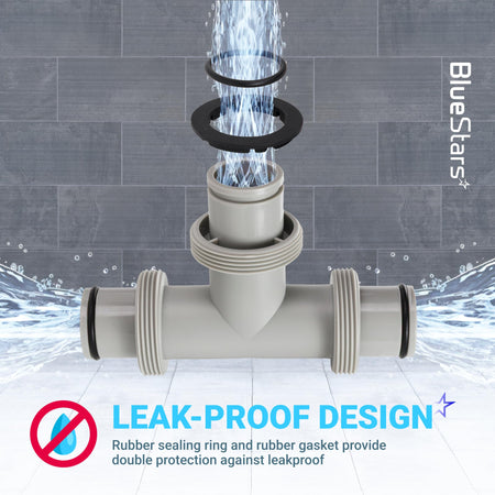 1.5-inch T-joint pool hose connector with rubber O-rings and gaskets for leak-proof filter pump hose connection.