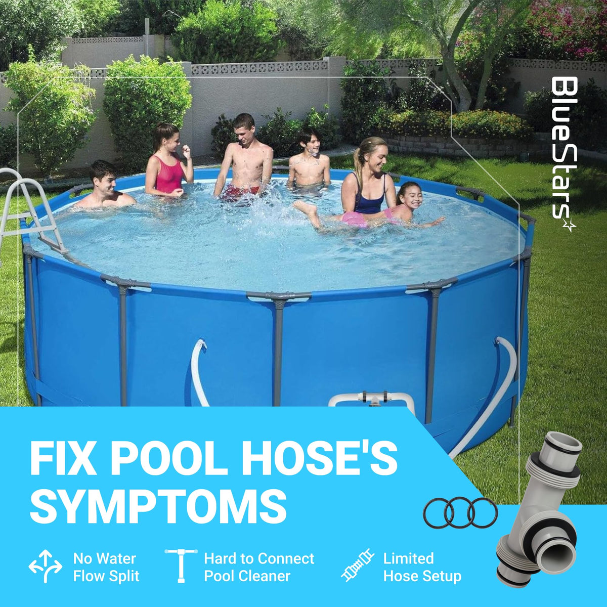 1.5-inch T-joint pool hose connector with three rubber O-rings for above ground swimming pool filter systems.