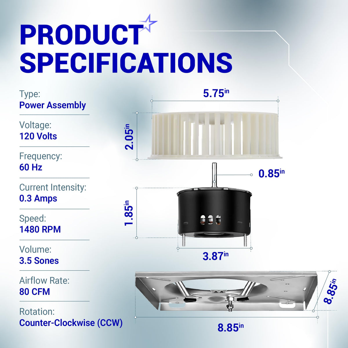 Technical specification diagram for 97017705 bathroom exhaust fan motor assembly with dimensions and performance data.