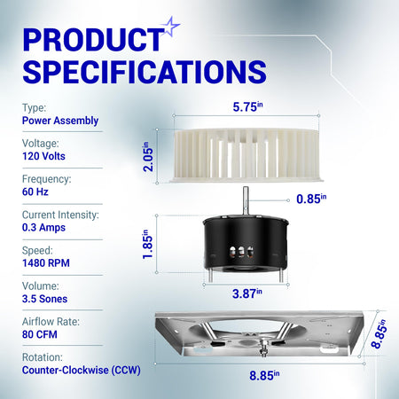 Technical specification diagram for 97017705 bathroom exhaust fan motor assembly with dimensions and performance data.